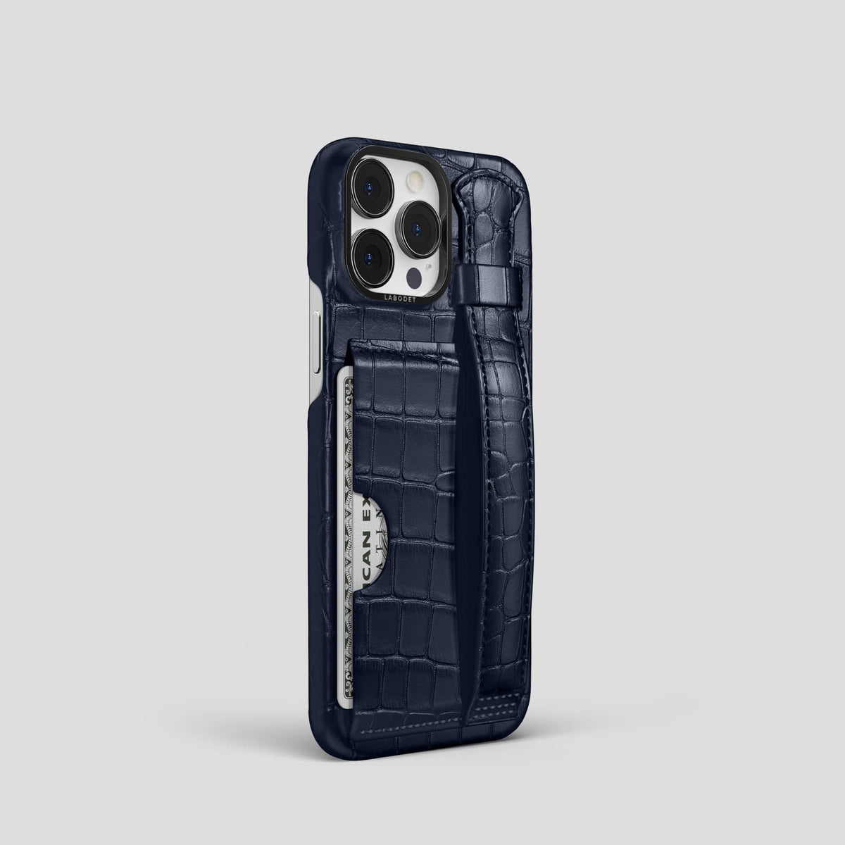 Navy Blue iPhone 14 Pro Cardholder Strap Case Alligator with Black Metal -2 | Navy-Blue-Black