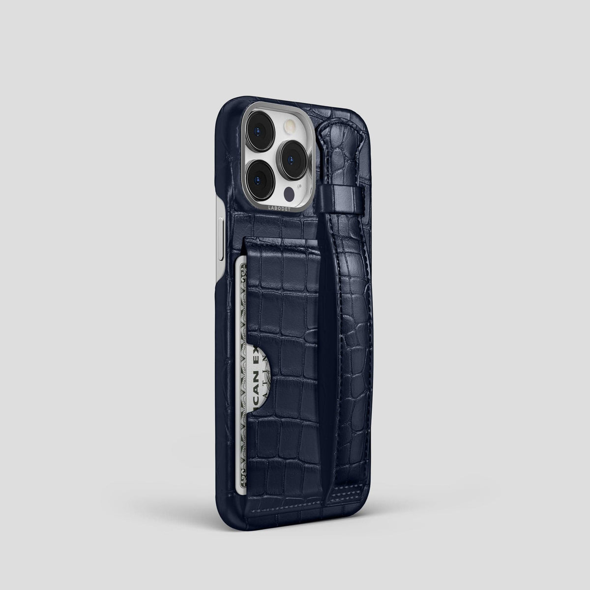 Navy Blue iPhone 14 Pro Cardholder Strap Case Alligator with Steel Metal -2 | Navy-Blue-Steel