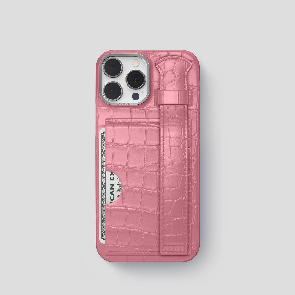 Pink iPhone 14 Pro Cardholder Strap Case Alligator with Steel Metal -1 | Pink-Steel