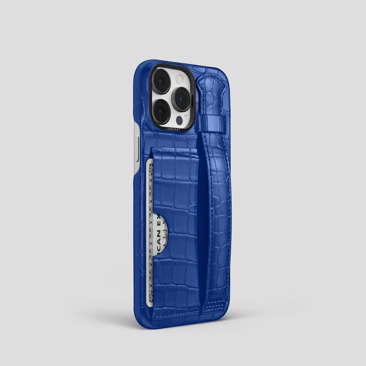 Royal Blue iPhone 14 Pro Cardholder Strap Case Alligator with Black Metal -2 | Royal-Blue-Black