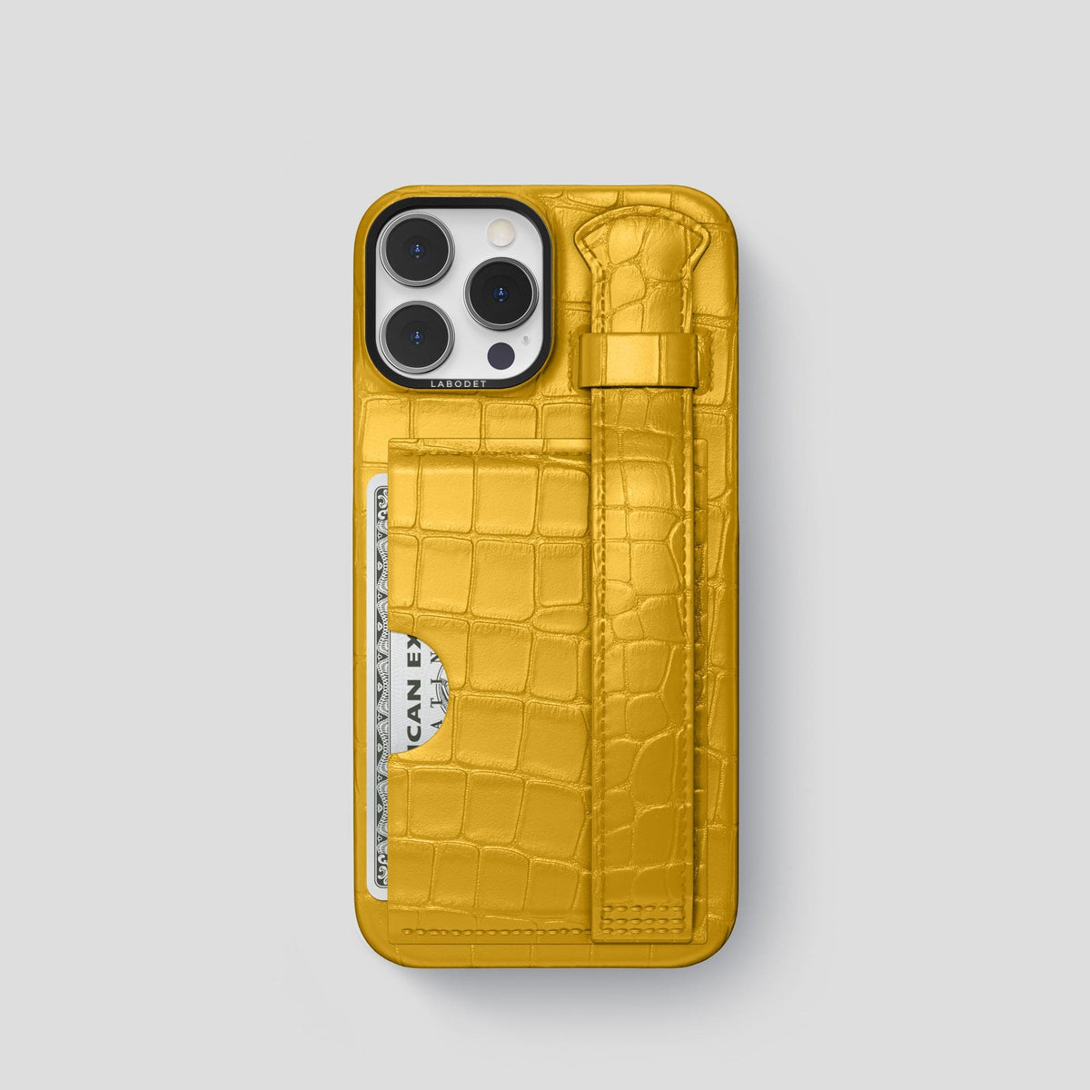 Yellow iPhone 14 Pro Cardholder Strap Case Alligator with Black Metal -1 | Yellow-Black