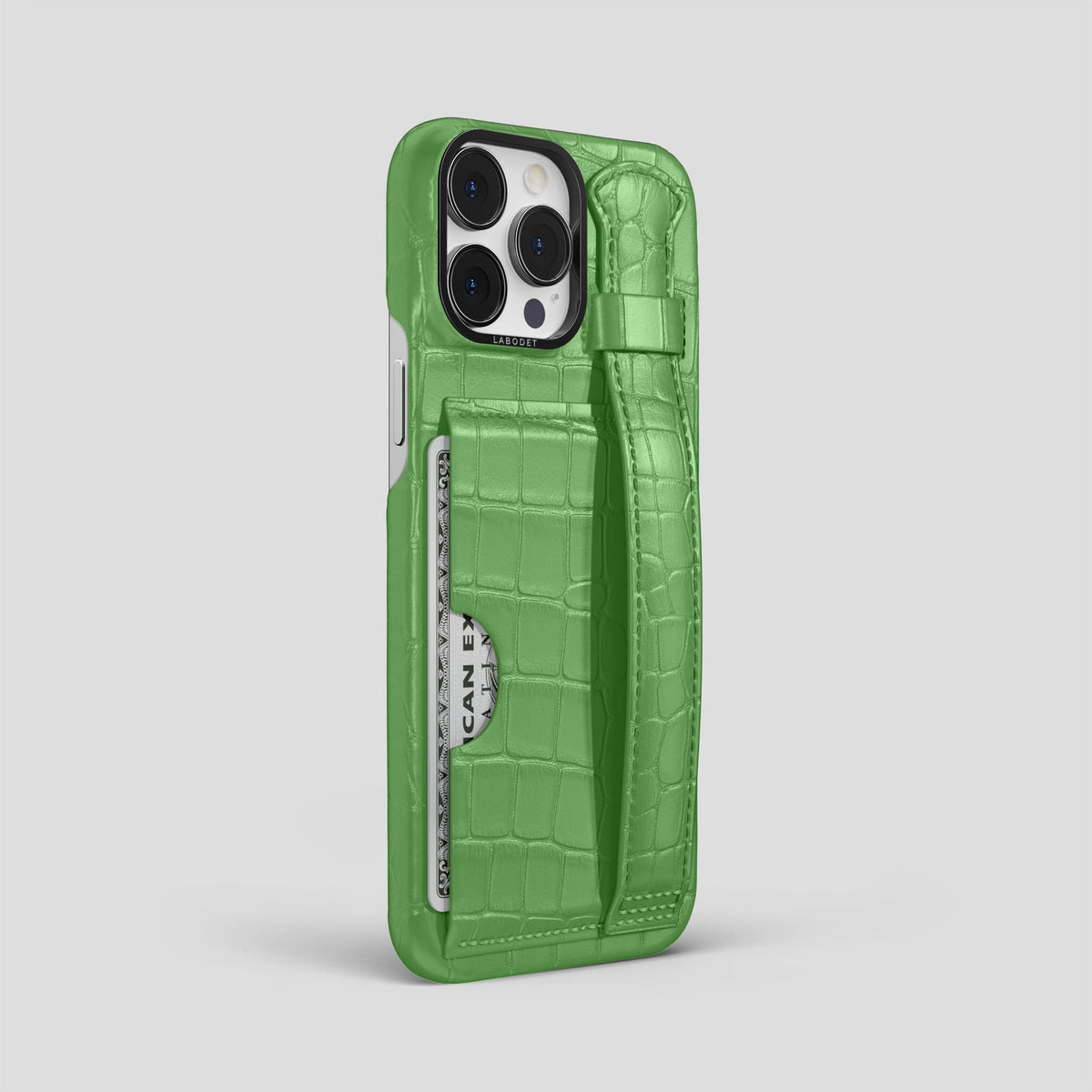 Apple-Green iPhone 14 Pro Max Cardholder Strap Case Alligator with Black Metal -2 | Apple-Green-Black