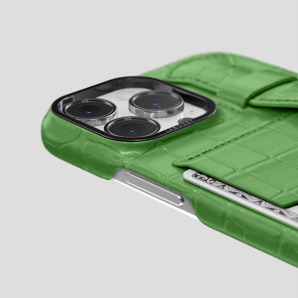 Apple-Green iPhone 14 Pro Max Cardholder Strap Case Alligator with Black Metal -5 | Apple-Green-Black