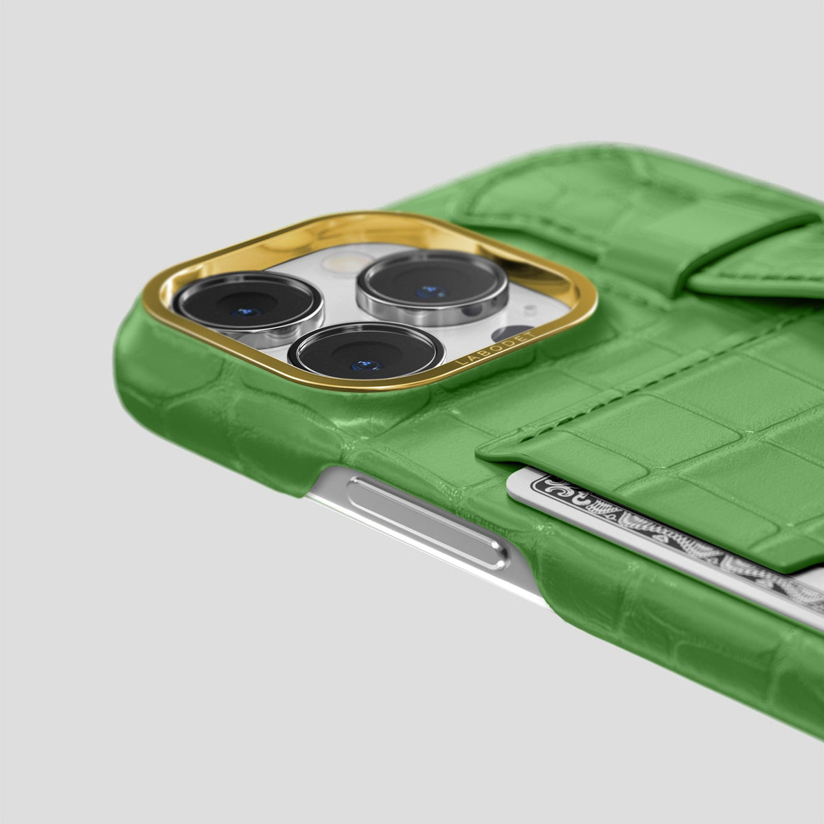 Apple-Green iPhone 14 Pro Max Cardholder Strap Case Alligator with Gold Metal -5 | Apple-Green-Gold