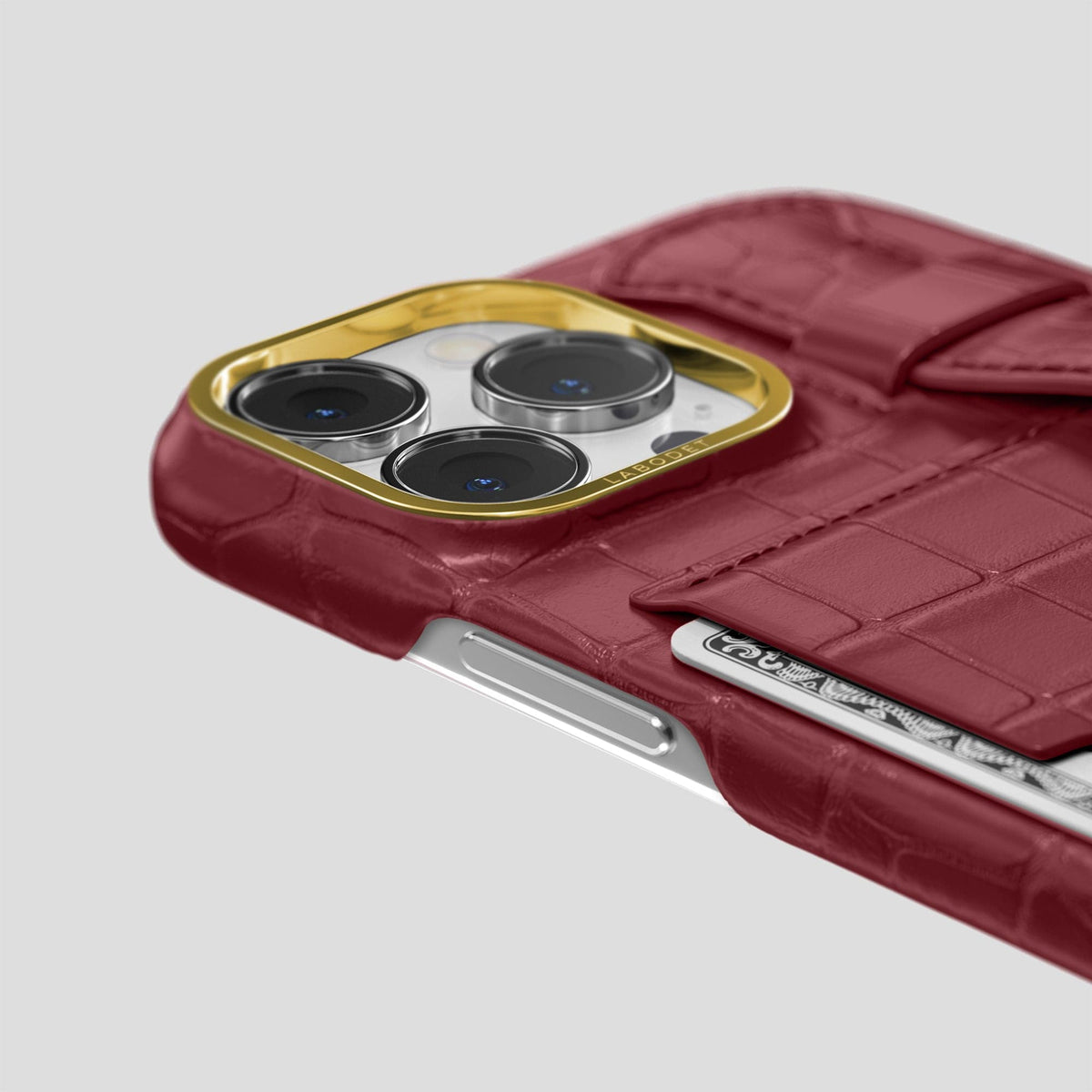 Burgundy iPhone 14 Pro Max Cardholder Strap Case Alligator with Gold Metal -5 | Burgundy-Gold