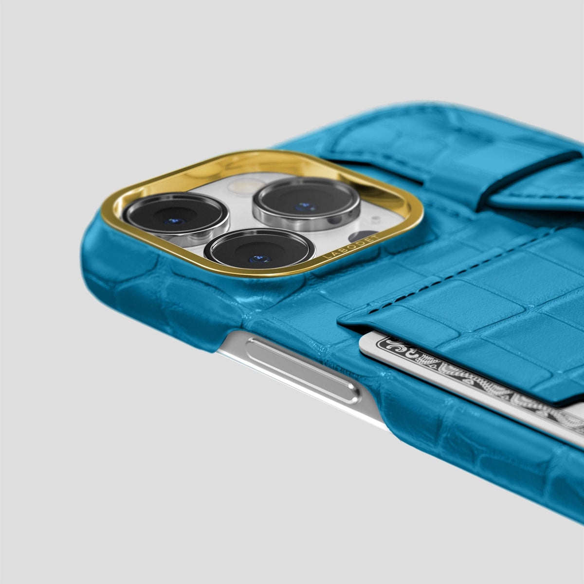 Curaçao-Blue iPhone 14 Pro Max Cardholder Strap Case Alligator with Gold Metal -5 | Curaçao-Blue-Gold