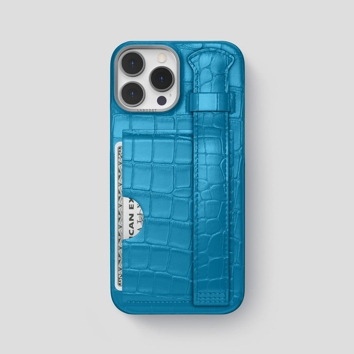 Curaçao-Blue iPhone 14 Pro Max Cardholder Strap Case Alligator with Steel Metal -1 | Curaçao-Blue-Steel