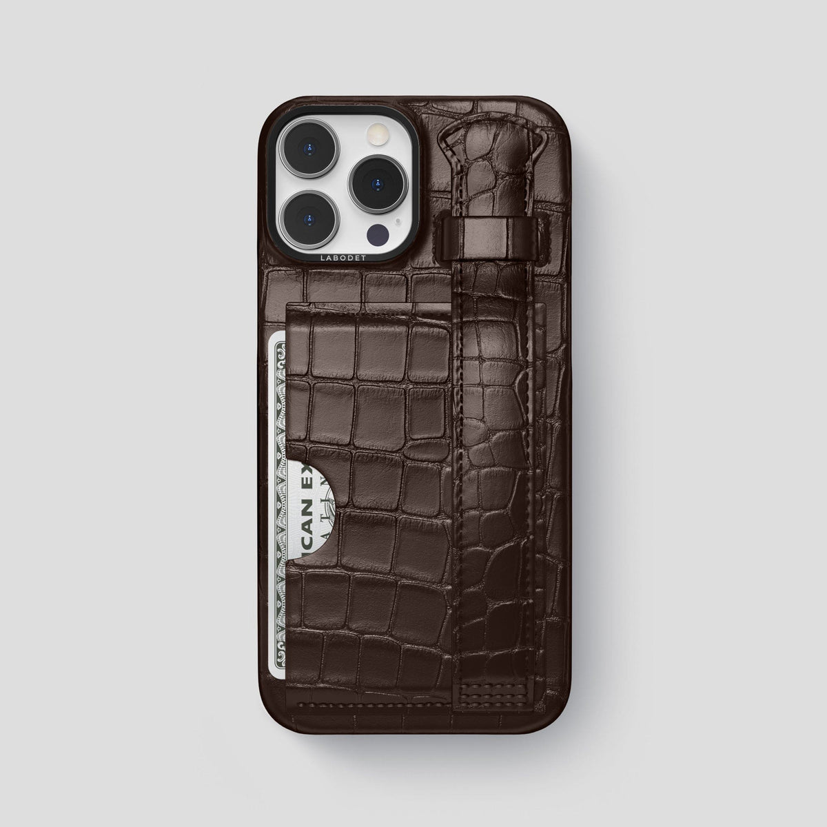 Dark Brown iPhone 14 Pro Max Cardholder Strap Case Alligator with Black Metal -1 | Dark-Brown-Black