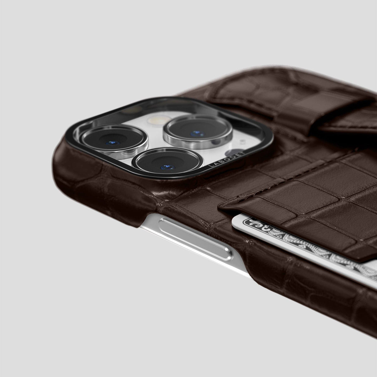 Dark Brown iPhone 14 Pro Max Cardholder Strap Case Alligator with Black Metal -5 | Dark-Brown-Black