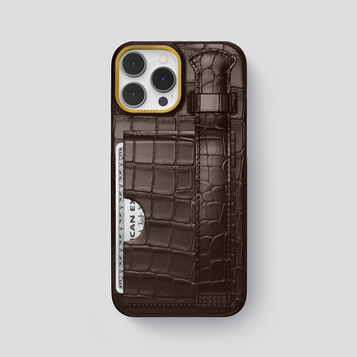 Dark Brown iPhone 14 Pro Max Cardholder Strap Case Alligator with Gold Metal -1 | Dark-Brown-Gold