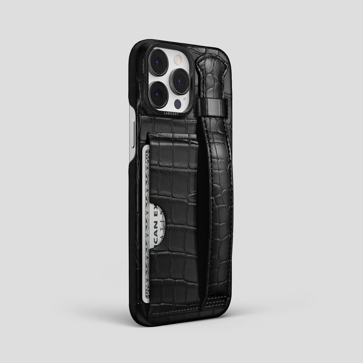 Black iPhone 14 Pro Max Cardholder Strap Case Alligator with Black Metal -2 | Black-Black