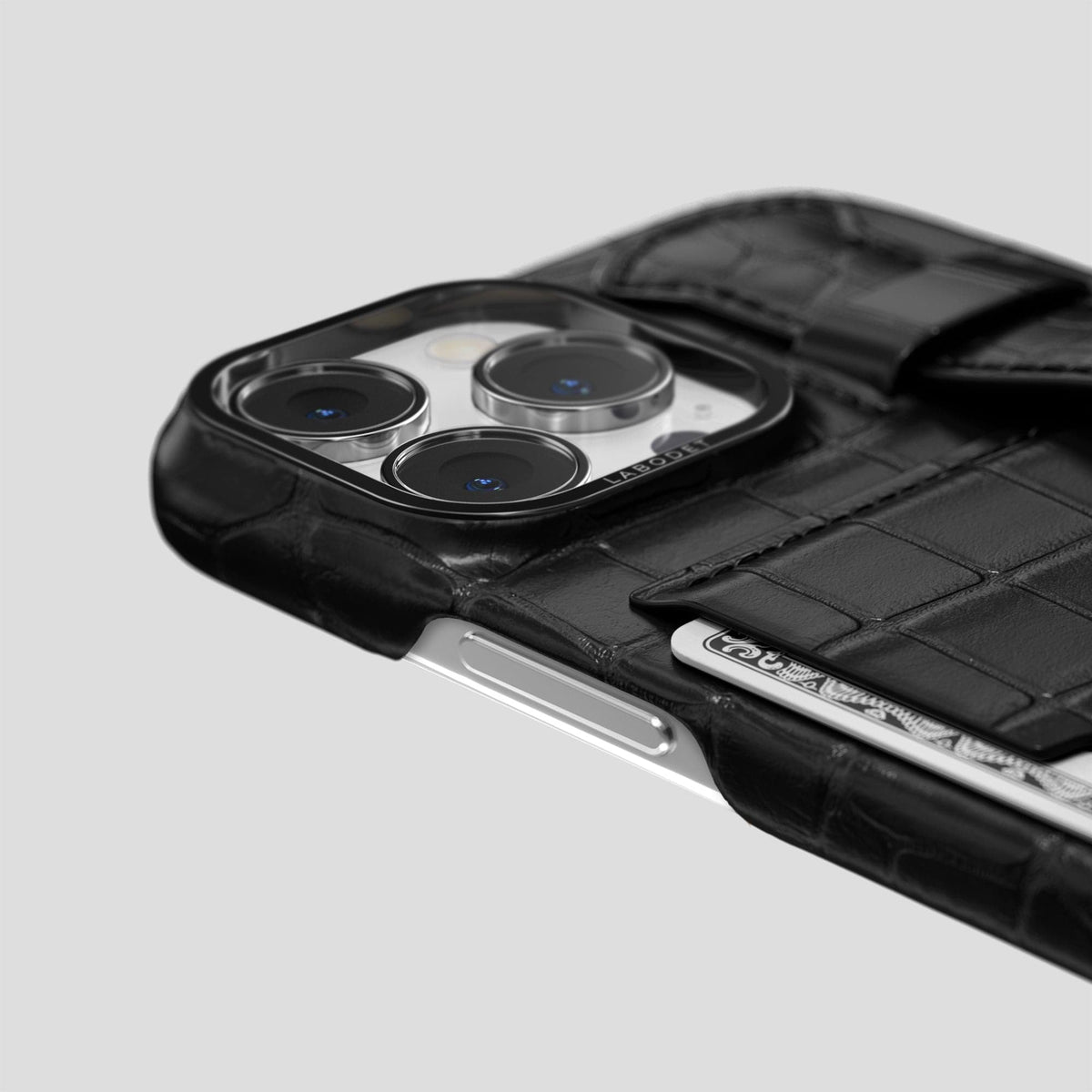 Black iPhone 14 Pro Max Cardholder Strap Case Alligator with Black Metal -5 | Black-Black