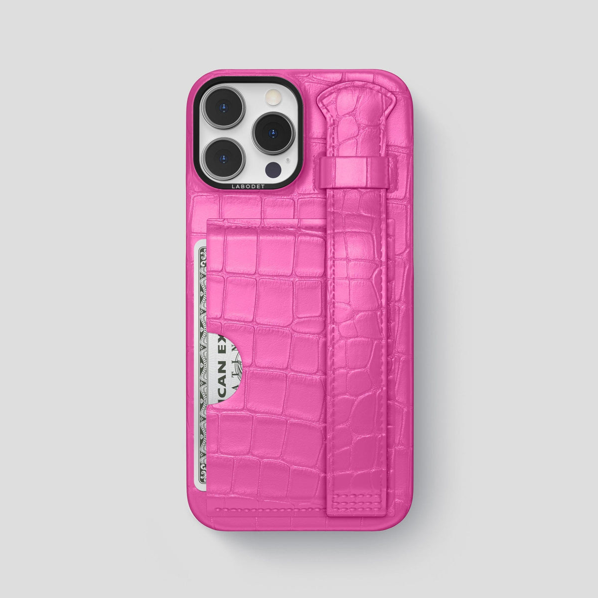 Fuchsia iPhone 14 Pro Max Cardholder Strap Case Alligator with Black Metal -1 | Fuchsia-Black