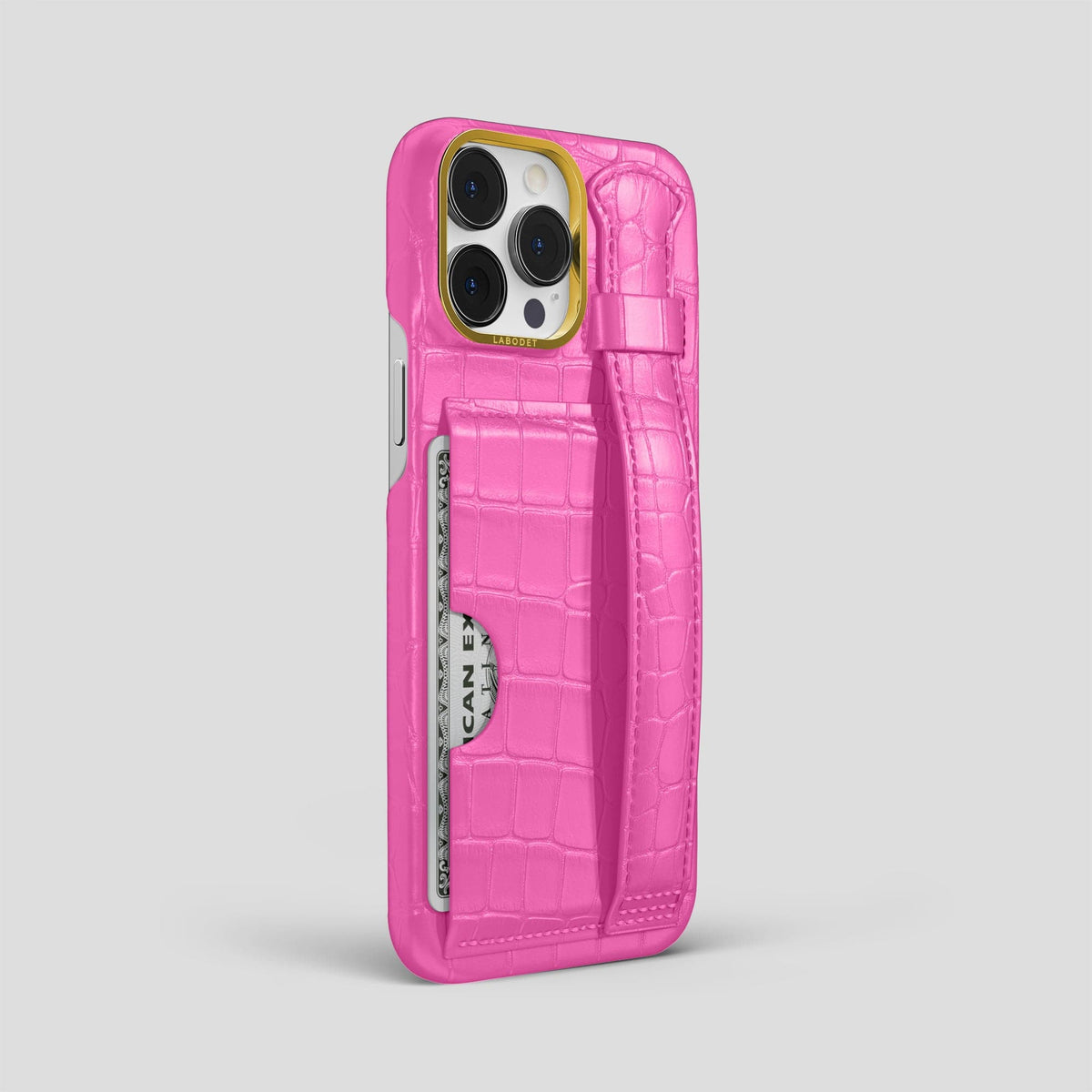 Fuchsia iPhone 14 Pro Max Cardholder Strap Case Alligator with Gold Metal -2 | Fuchsia-Gold