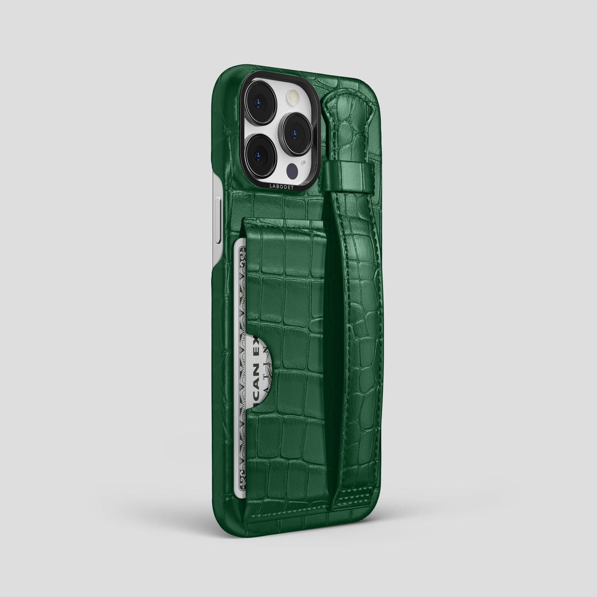 Forest-Green iPhone 14 Pro Max Cardholder Strap Case Alligator with Black Metal -2 | Forest-Green-Black