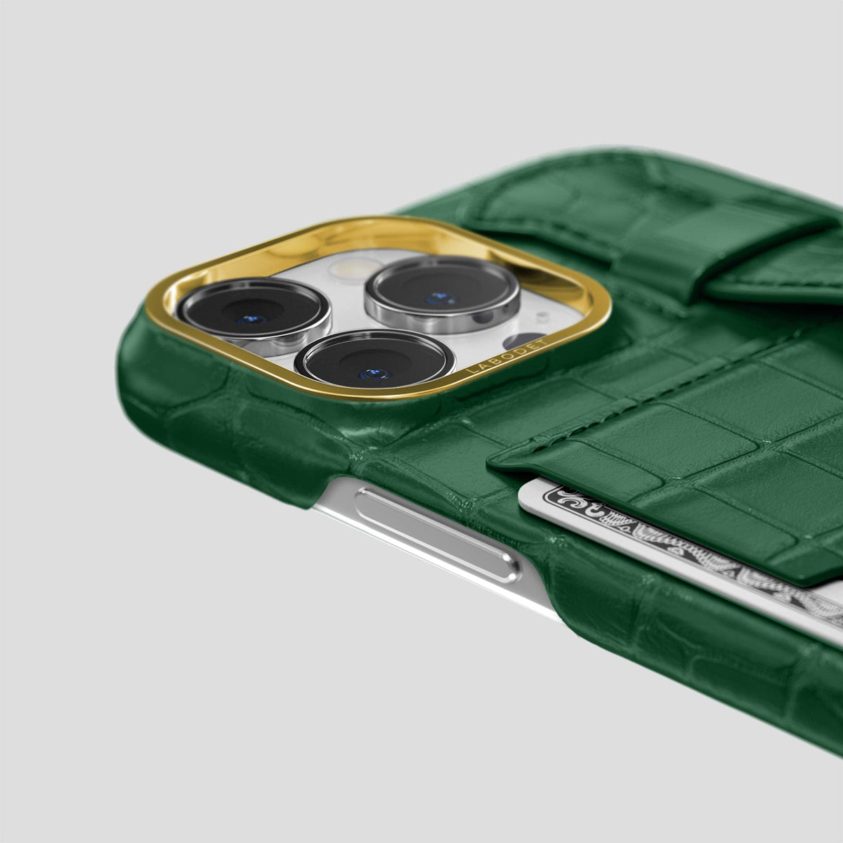 Forest-Green iPhone 14 Pro Max Cardholder Strap Case Alligator with Gold Metal -5 | Forest-Green-Gold