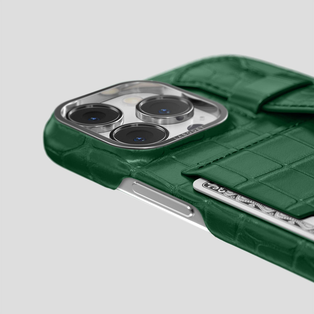 Forest-Green iPhone 14 Pro Max Cardholder Strap Case Alligator with Steel Metal -5 | Forest-Green-Steel