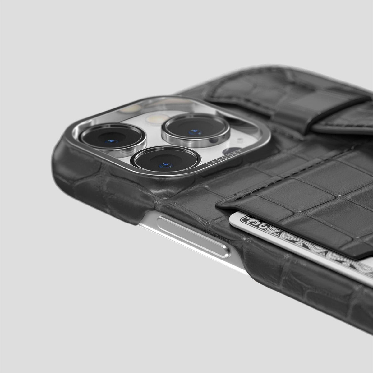 Grey iPhone 14 Pro Max Cardholder Strap Case Alligator with Steel Metal -5 | Grey-Steel