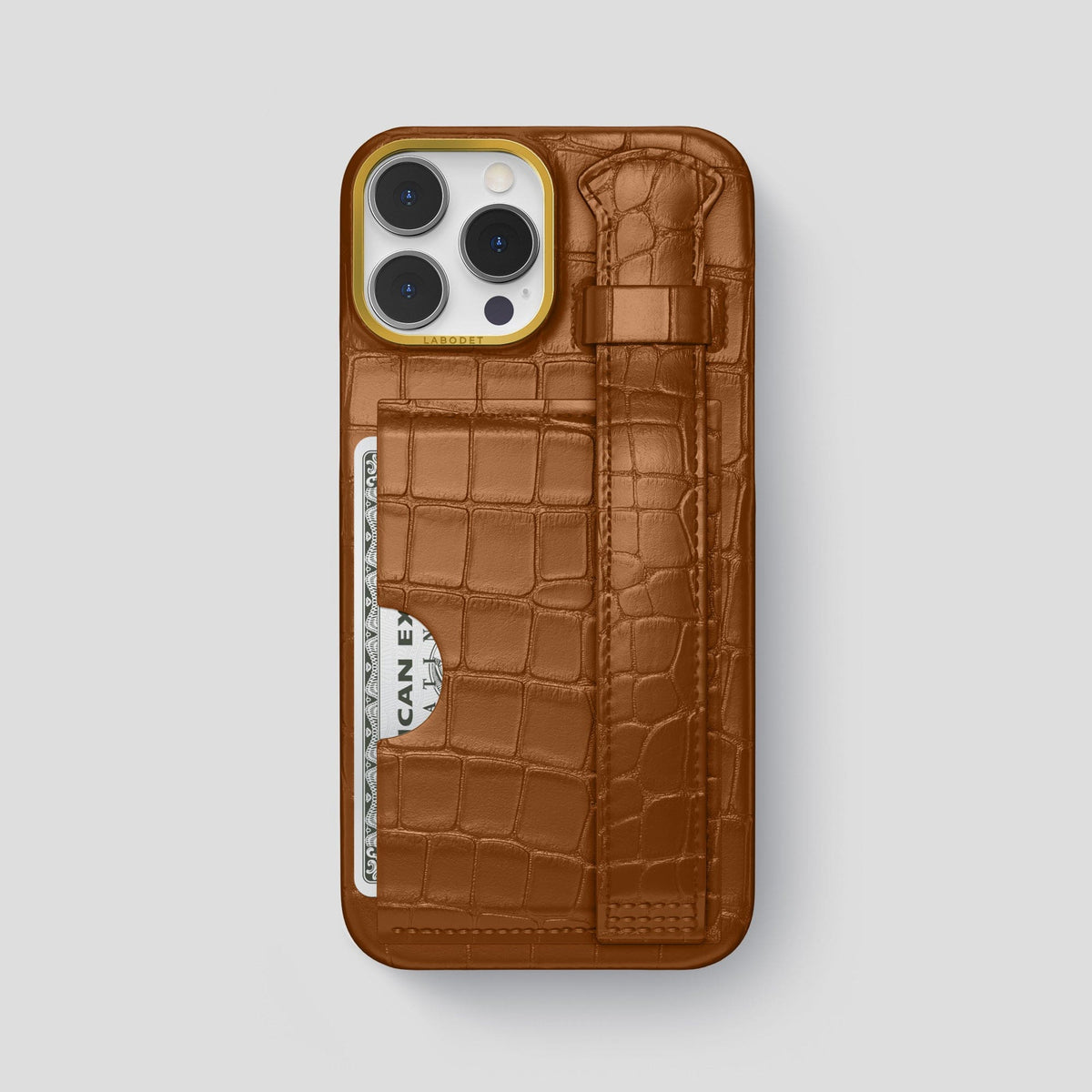 Honey iPhone 14 Pro Max Cardholder Strap Case Alligator with Gold Metal -1 | Honey-Gold