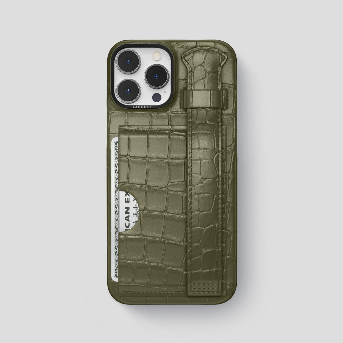 Kaki-Green iPhone 14 Pro Max Cardholder Strap Case Alligator with Black Metal -1 | Kaki-Green-Black