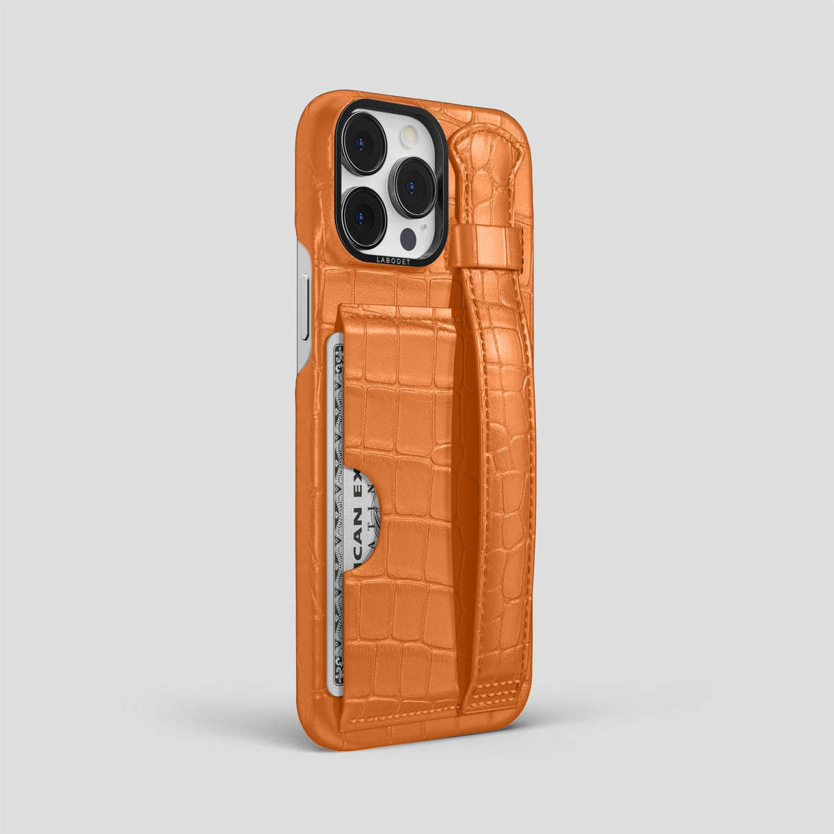 Orange iPhone 14 Pro Max Cardholder Strap Case Alligator with Black Metal -2 | Orange-Black