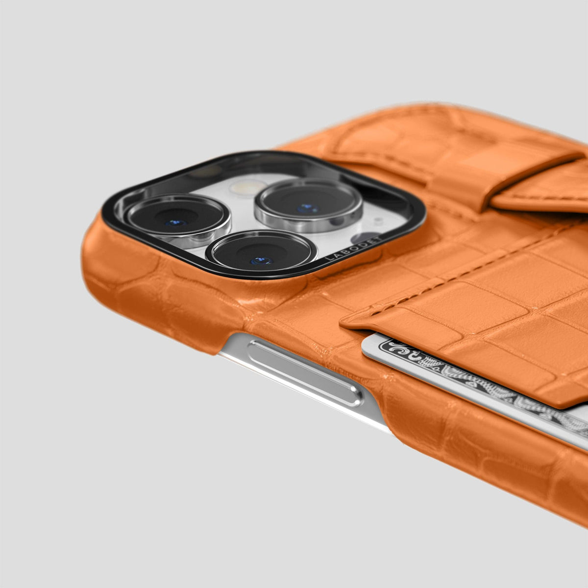 Orange iPhone 14 Pro Max Cardholder Strap Case Alligator with Black Metal -5 | Orange-Black
