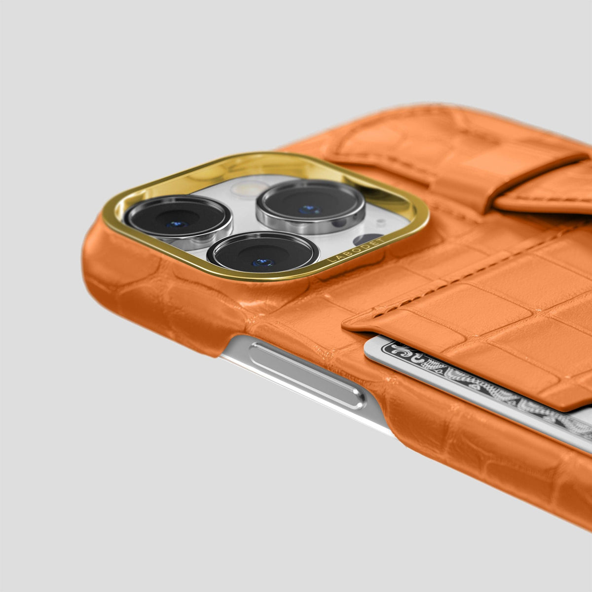 Orange iPhone 14 Pro Max Cardholder Strap Case Alligator with Gold Metal -5 | Orange-Gold