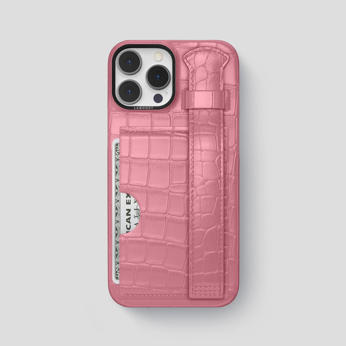 Pink iPhone 14 Pro Max Cardholder Strap Case Alligator with Black Metal -1 | Pink-Black