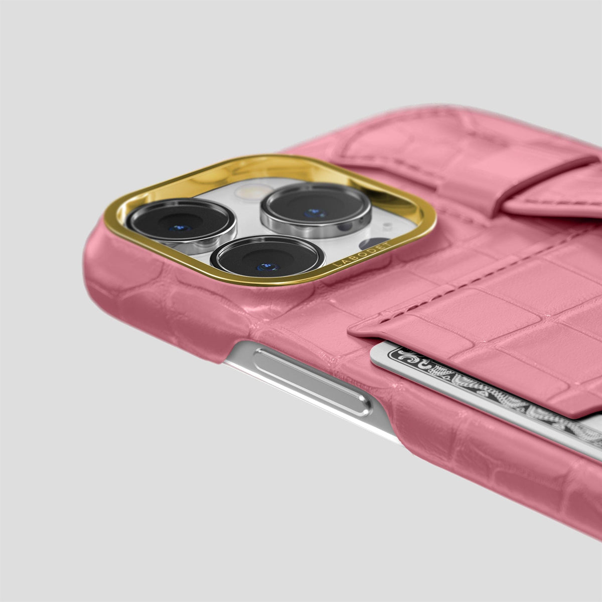 Pink iPhone 14 Pro Max Cardholder Strap Case Alligator with Gold Metal -5 | Pink-Gold