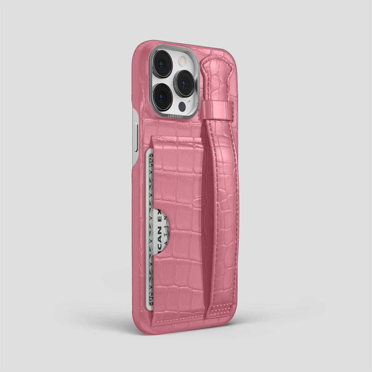 Pink iPhone 14 Pro Max Cardholder Strap Case Alligator with Steel Metal -2 | Pink-Steel