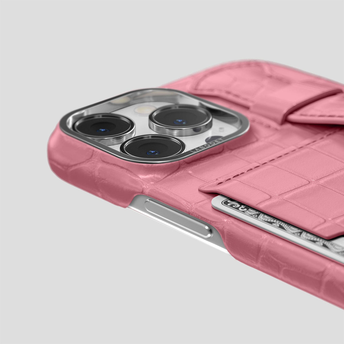 Pink iPhone 14 Pro Max Cardholder Strap Case Alligator with Steel Metal -5 | Pink-Steel