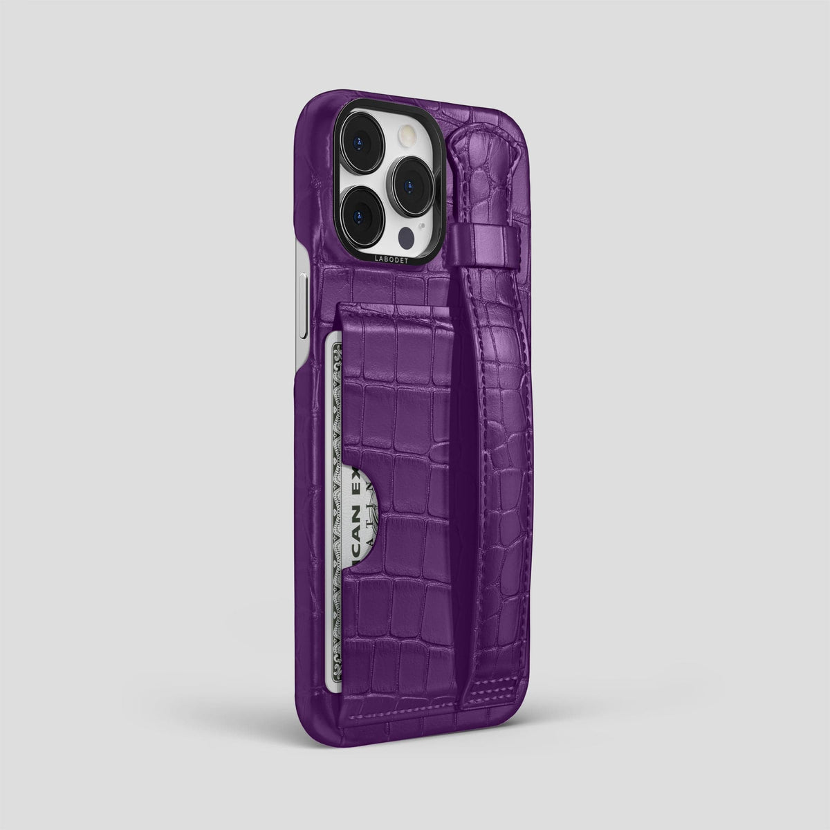 Purple iPhone 14 Pro Max Cardholder Strap Case Alligator with Black Metal -2 | Purple-Black