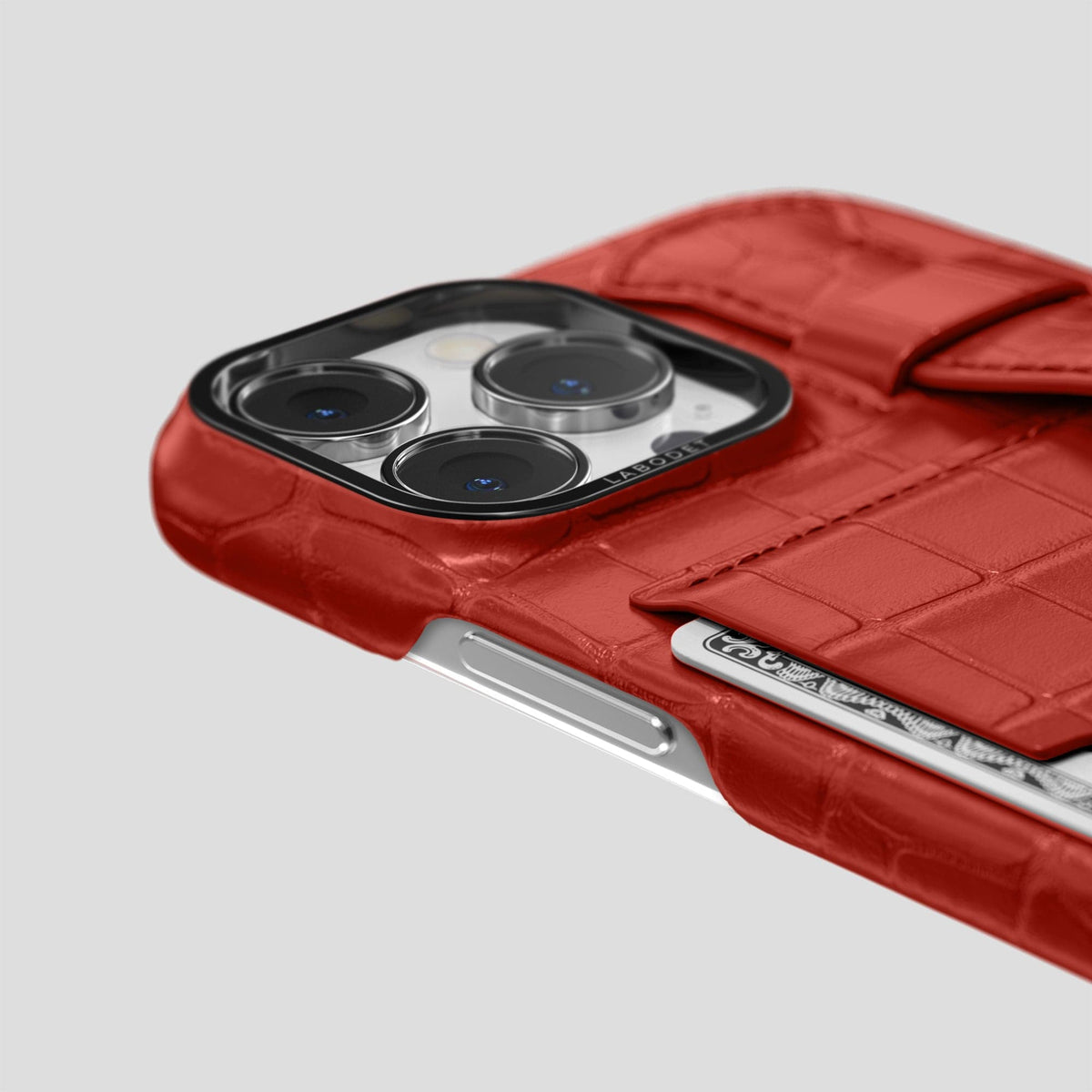 Red iPhone 14 Pro Max Cardholder Strap Case Alligator with Black Metal -5 | Red-Black