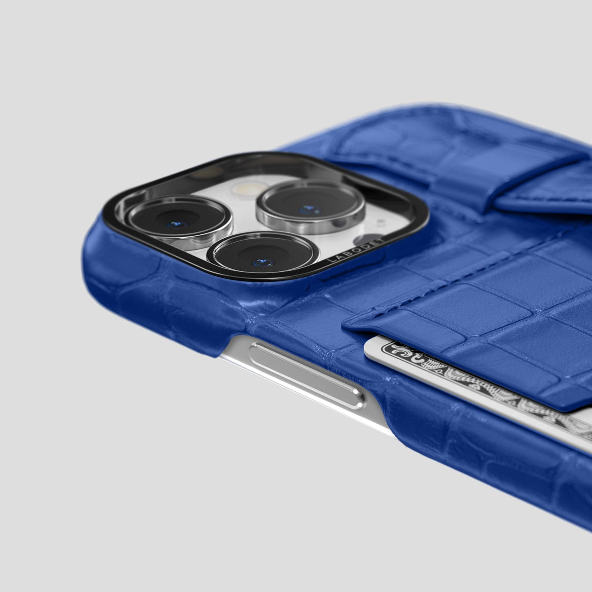 Royal Blue iPhone 14 Pro Max Cardholder Strap Case Alligator with Black Metal -5 | Royal-Blue-Black