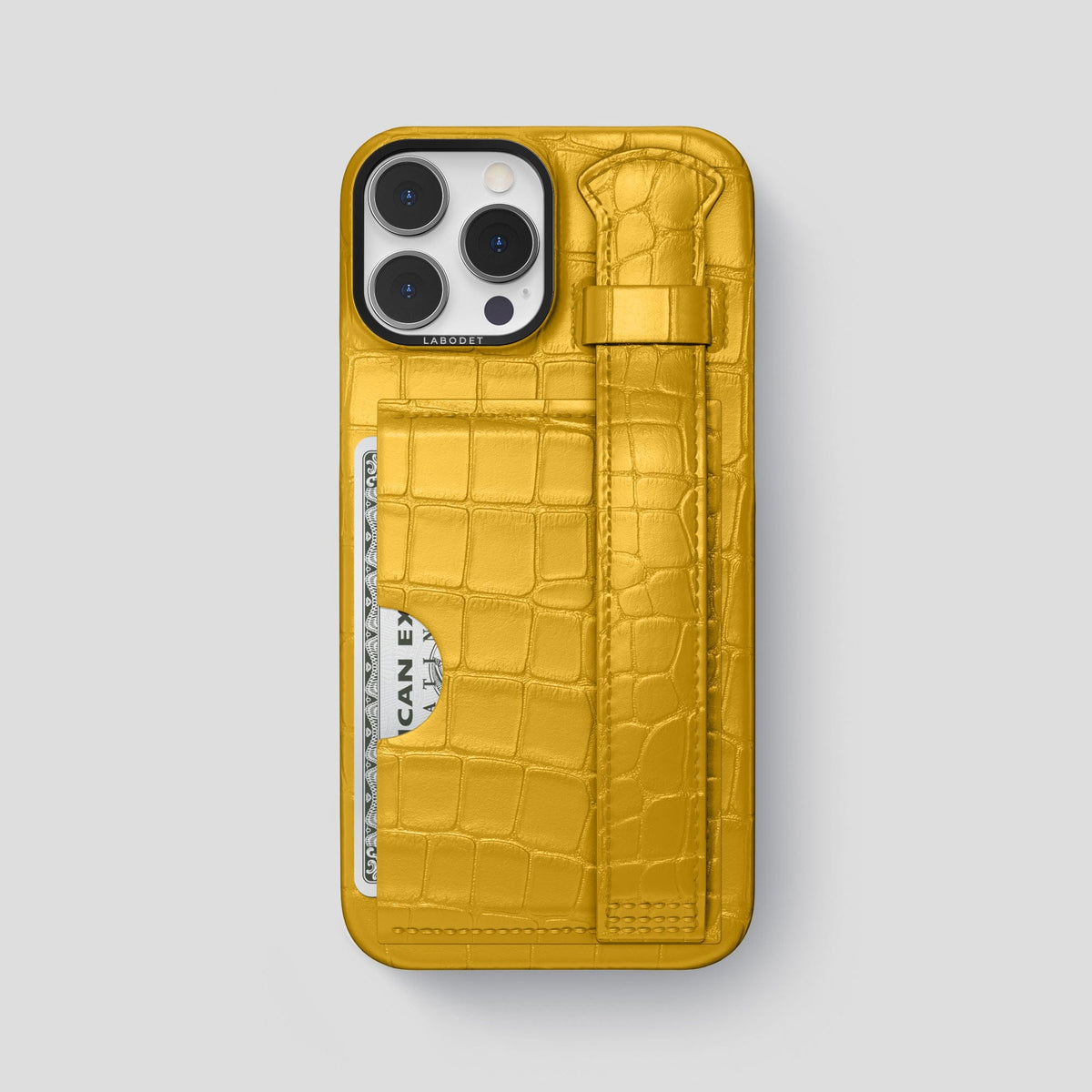 Yellow iPhone 14 Pro Max Cardholder Strap Case Alligator with Black Metal -1 | Yellow-Black