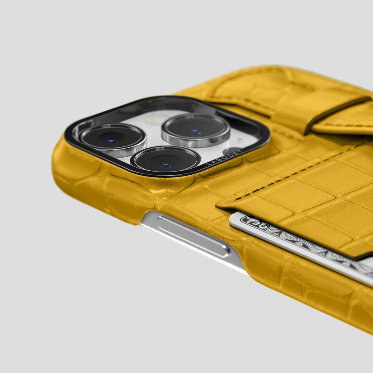 Yellow iPhone 14 Pro Max Cardholder Strap Case Alligator with Black Metal -5 | Yellow-Black