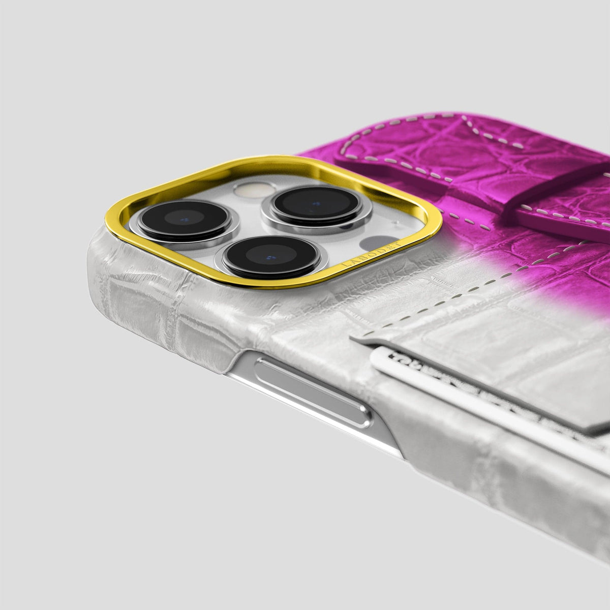 Fuchsia iPhone 14 Pro Himalaya Strap Case Himalayan Crocodile with Gold Metal -5 | Fuchsia-Gold