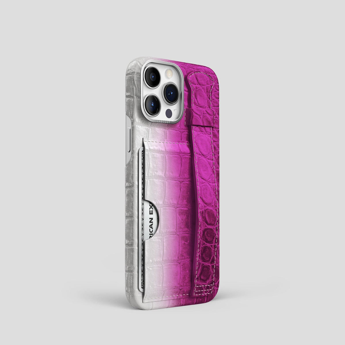 Fuchsia iPhone 14 Pro Himalaya Strap Case Himalayan Crocodile with Steel Metal -2 | Fuchsia-Steel