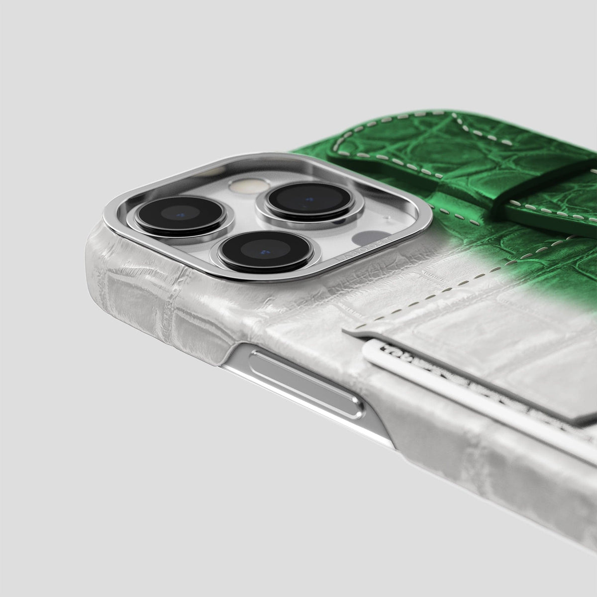 Green iPhone 14 Pro Himalaya Strap Case Himalayan Crocodile with Steel Metal -5 | Green-Steel