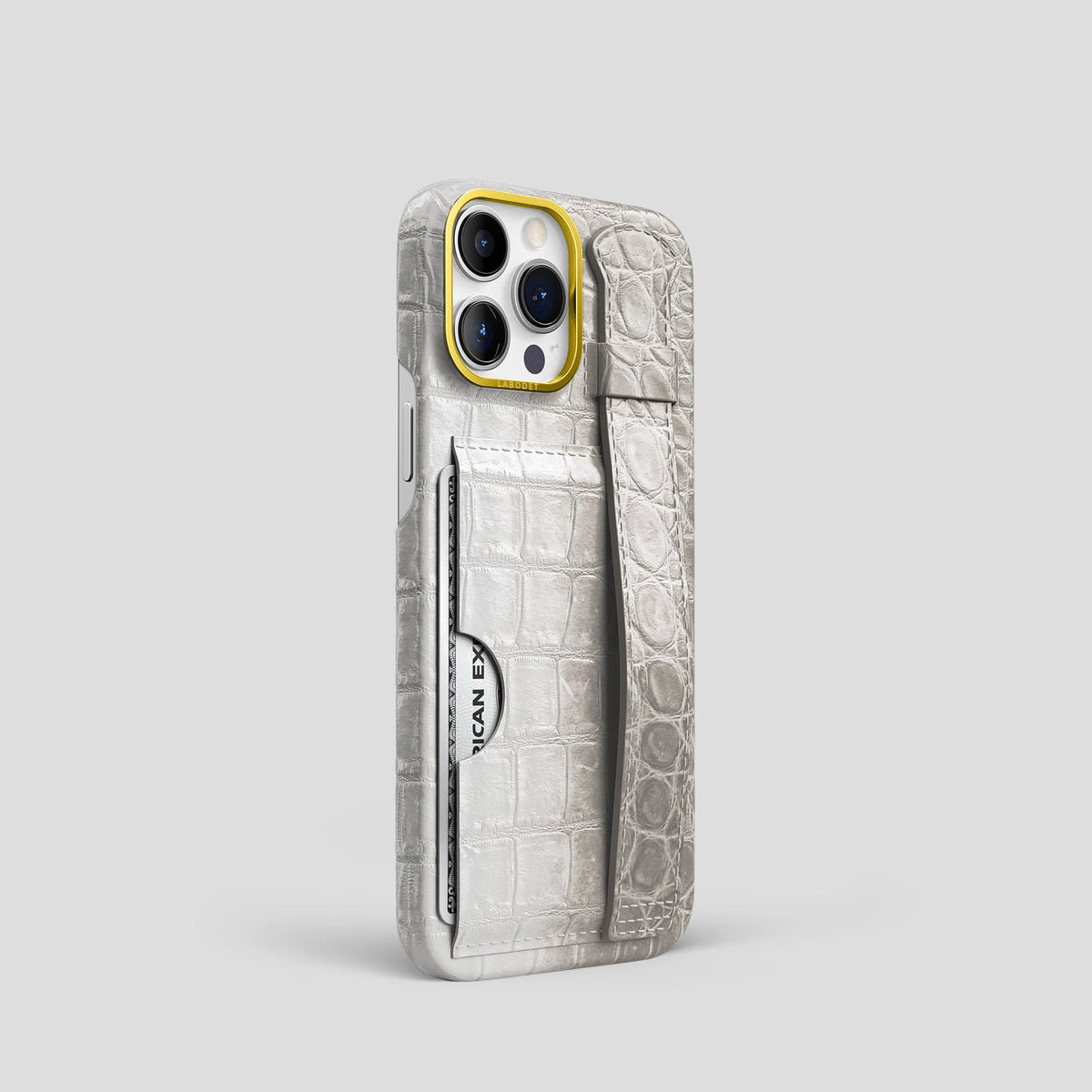Light iPhone 14 Pro Himalaya Strap Case Himalayan Crocodile with Gold Metal -2 | Light-Gold