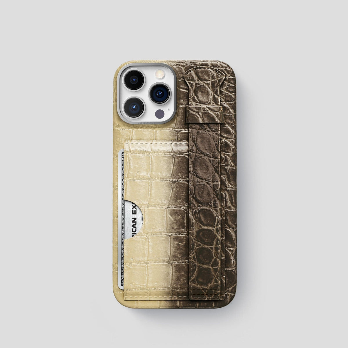 Natural iPhone 14 Pro Himalaya Strap Case Himalayan Crocodile with Steel Metal -1 | Natural-Steel