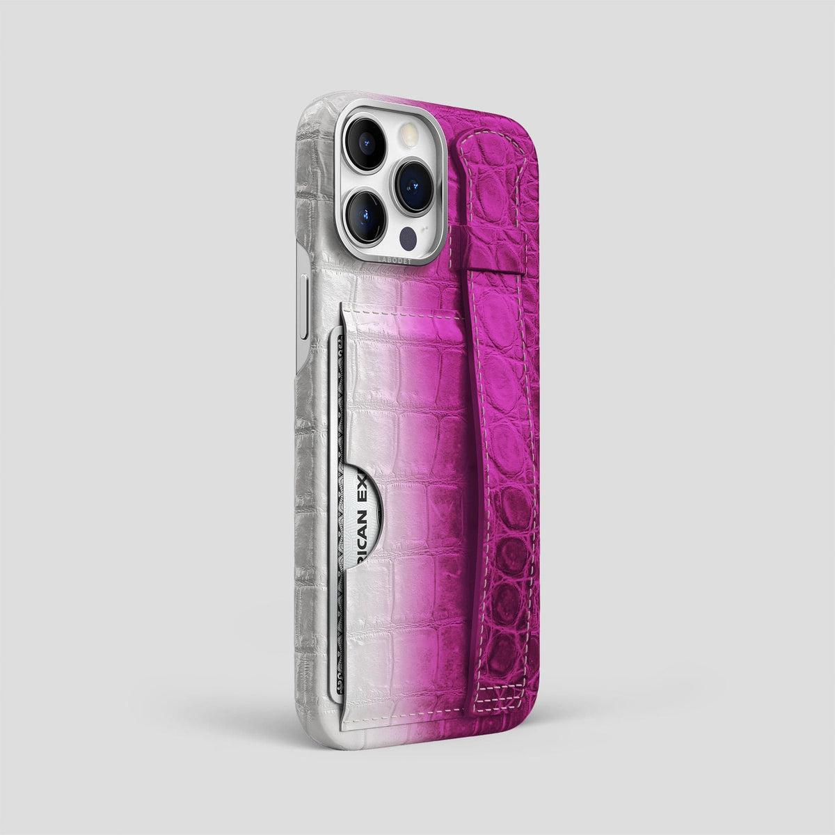 Fuchsia iPhone 14 Pro Max Himalaya Strap Case Himalayan Crocodile with Steel Metal -2 | Fuchsia-Steel