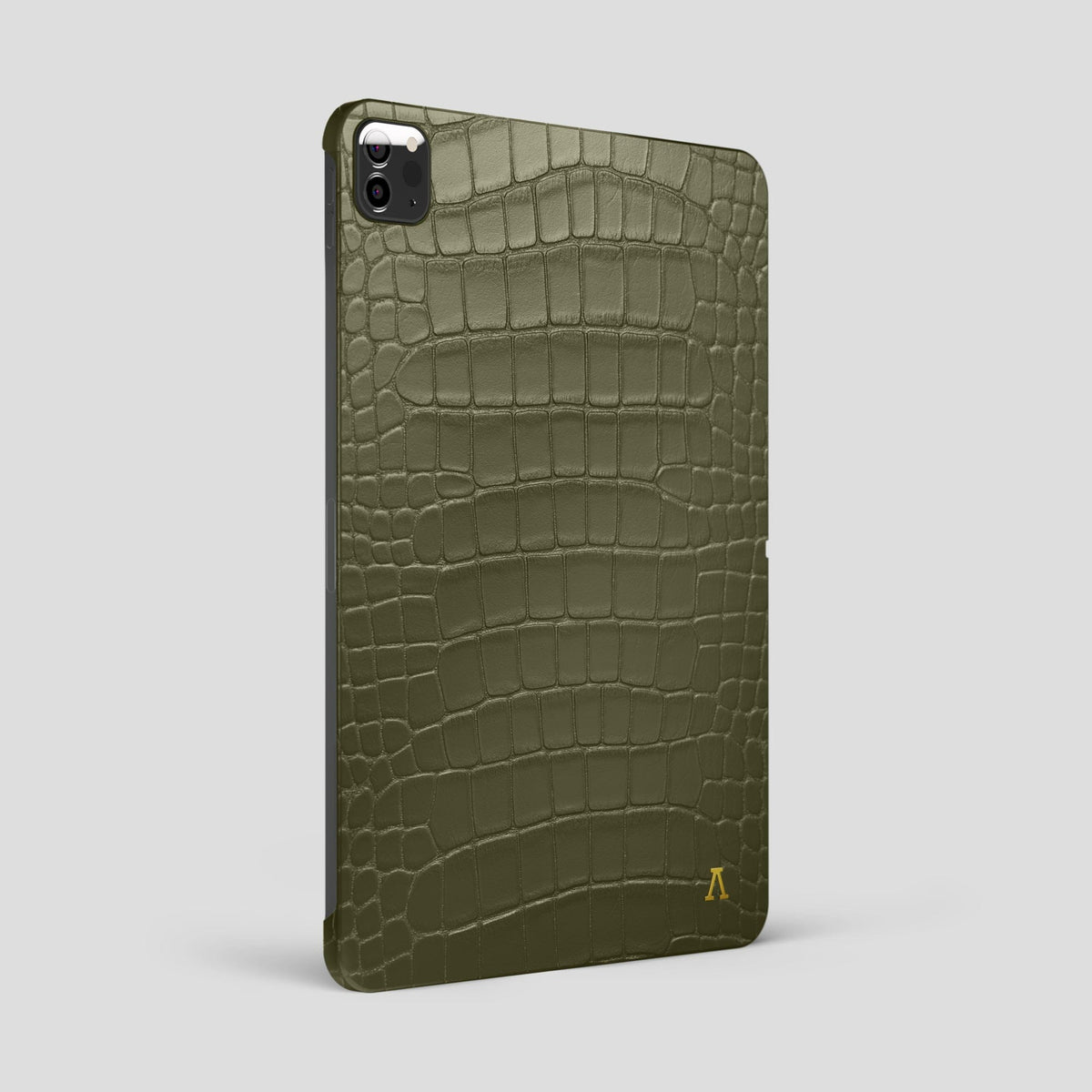 Kaki-Green iPad Pro 12.9-inch Case Alligator with Gold Metal -1 | Kaki-Green-Gold