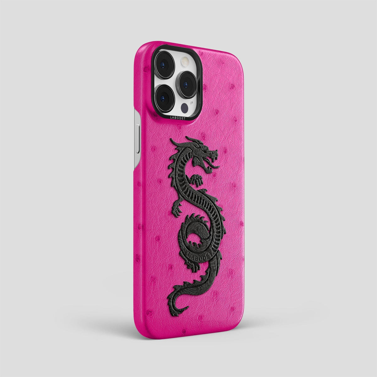 Fuchsia iPhone 14 Pro Max Classic Case Ostrich with Black Metal -2 | Fuchsia-Black