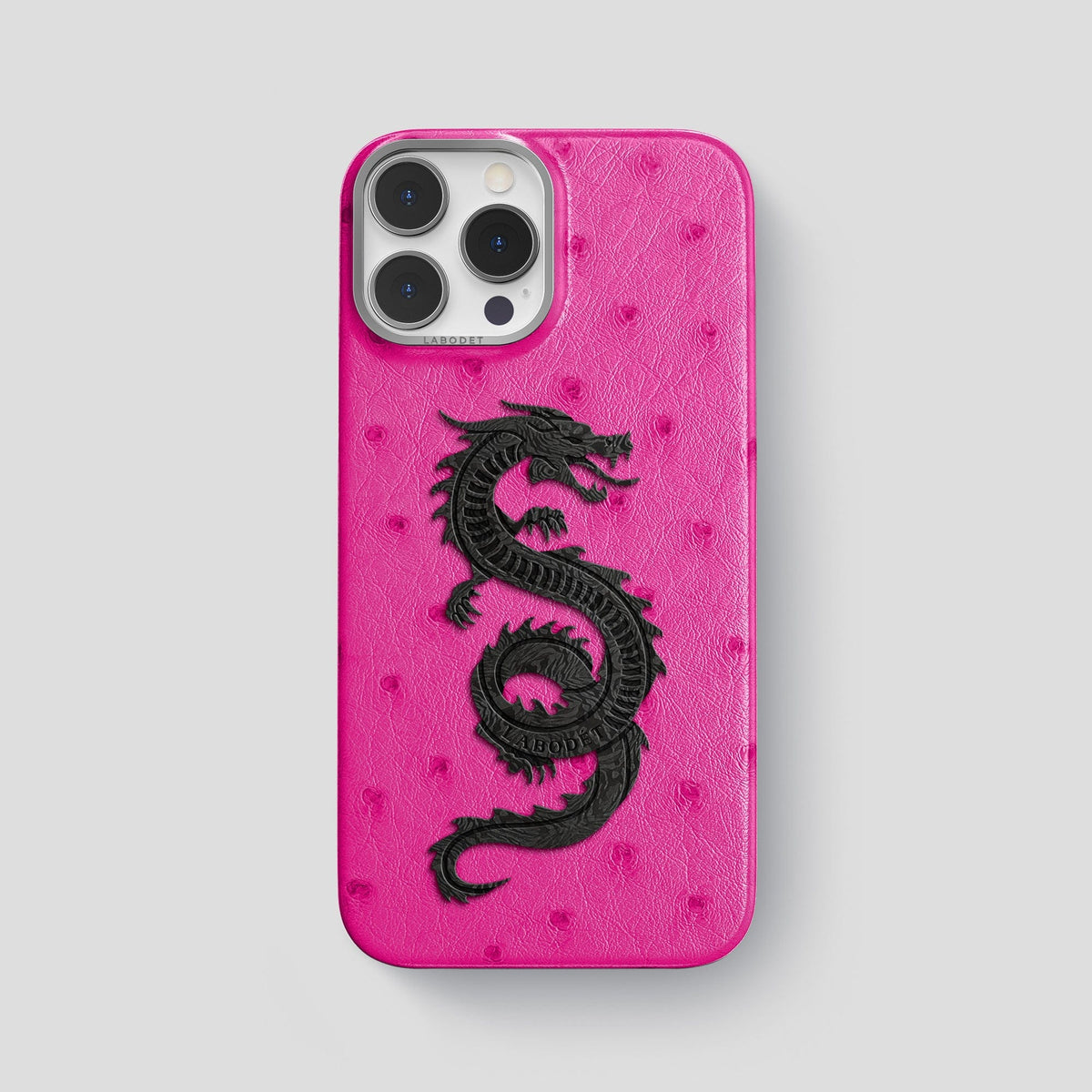 Fuchsia iPhone 14 Pro Max Classic Case Ostrich with Steel Metal -1 | Fuchsia-Steel