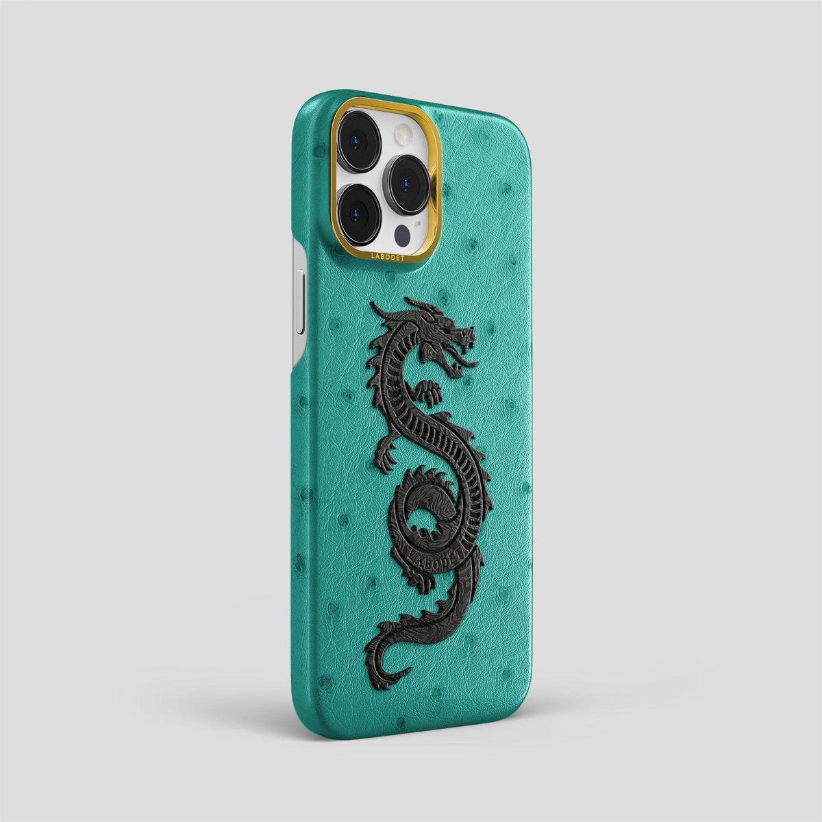 Turquoise iPhone 14 Pro Max Classic Case Ostrich with Gold Metal -2 | Turquoise-Gold