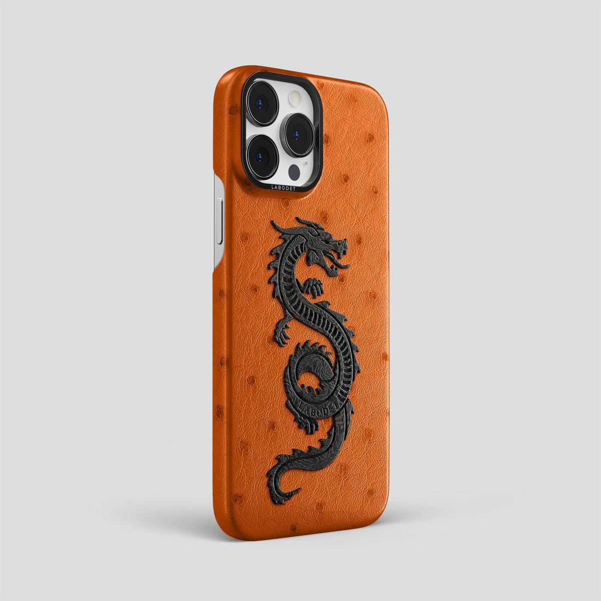 Medium-Brown iPhone 14 Pro Max Classic Case Ostrich with Black Metal -2 | Medium-Brown-Black