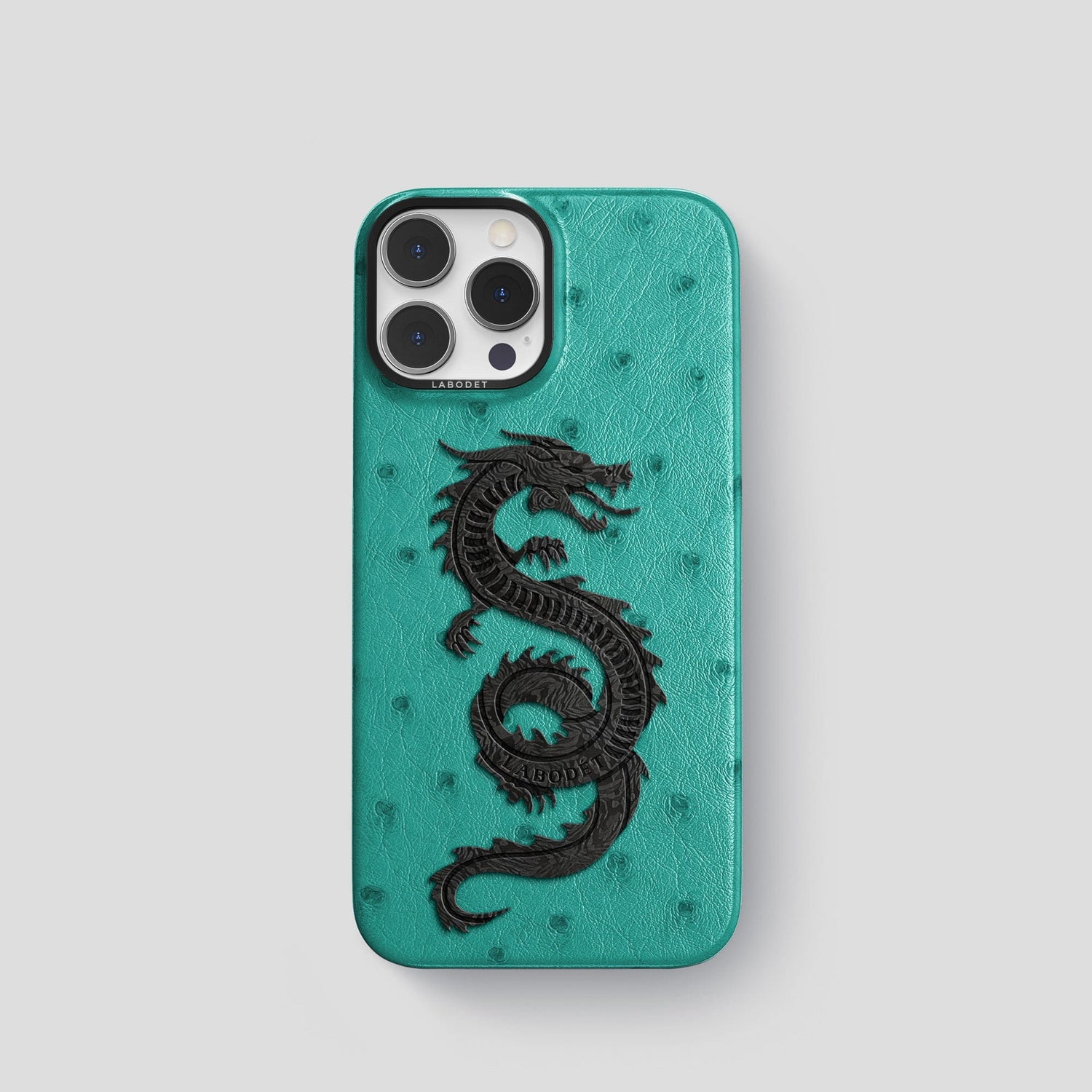 Turquoise iPhone 14 Pro Classic Case Ostrich with Black Metal -1 | Turquoise-Black
