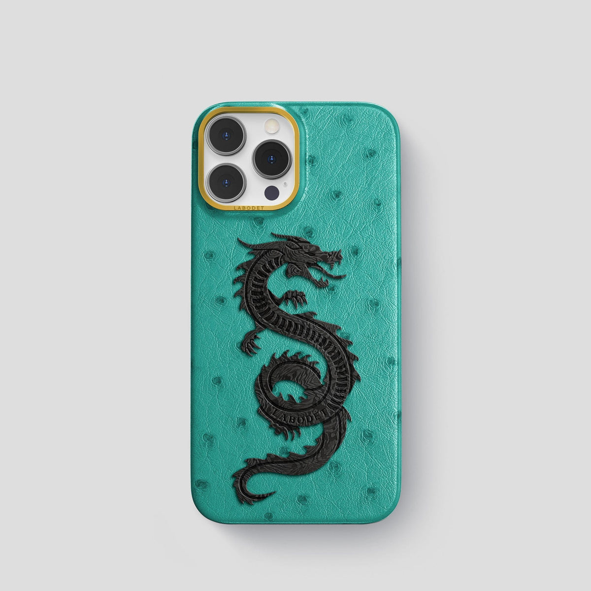 Turquoise iPhone 14 Pro Classic Case Ostrich with Gold Metal -1 | Turquoise-Gold