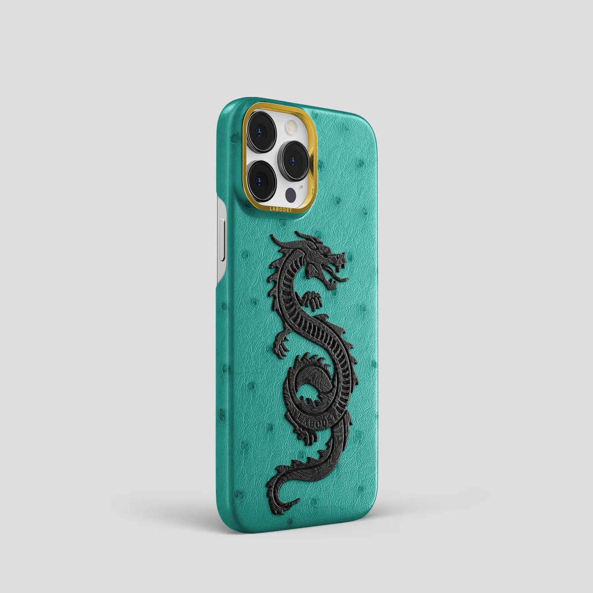 Turquoise iPhone 14 Pro Classic Case Ostrich with Gold Metal -2 | Turquoise-Gold